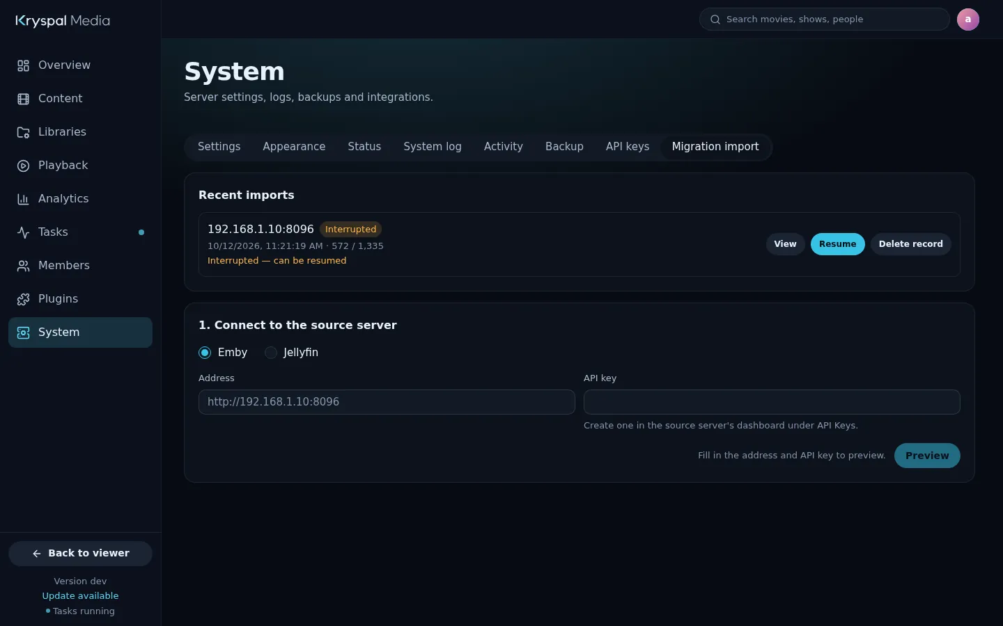 The import page for connecting to an existing server