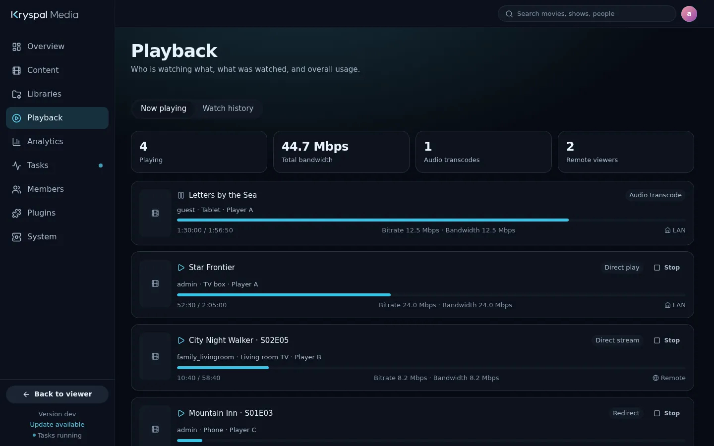 The admin console showing what is playing right now, with a Direct play label