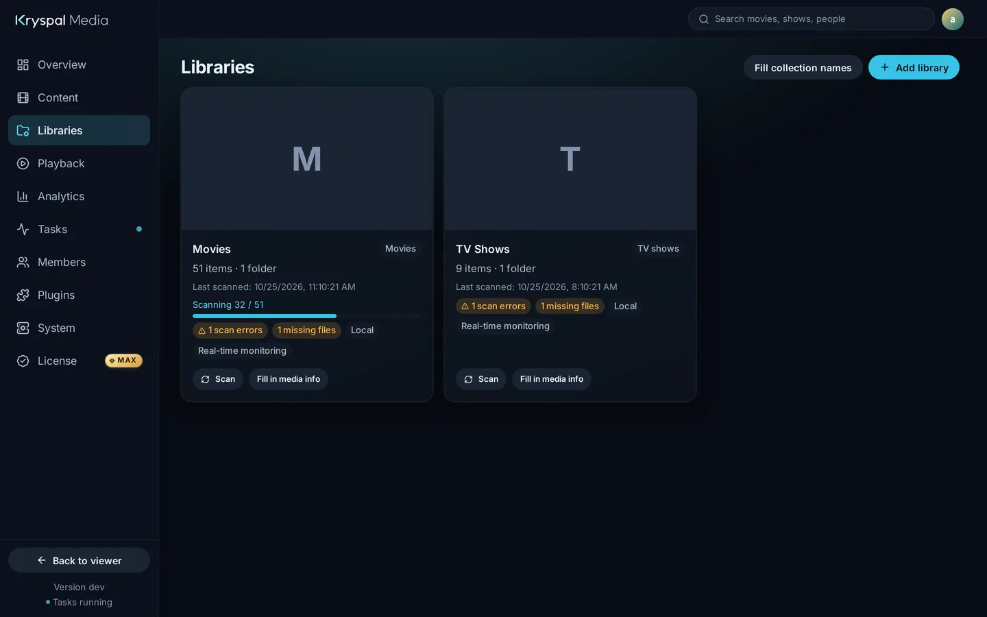 The Libraries page with the Movies card showing Scanning 32 / 51 and a progress bar