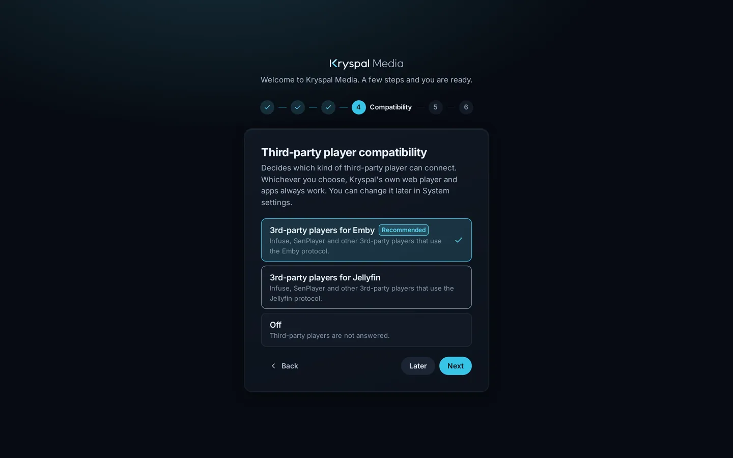 The wizard's compatibility step with three options: 3rd-party players for Emby (recommended), for Jellyfin, and Off