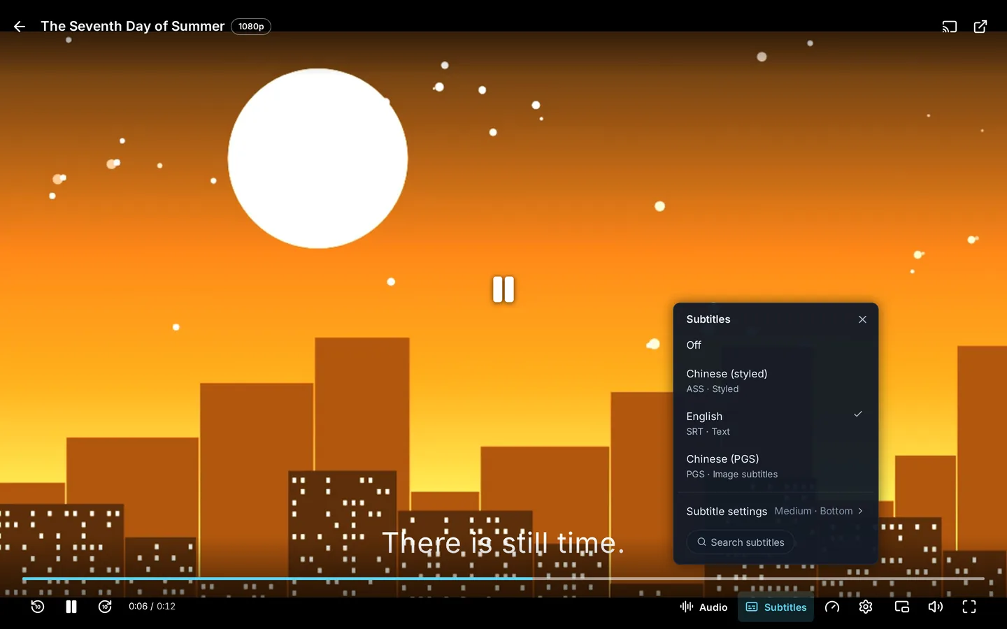 The web player with the subtitle menu open, listing several tracks and a search option