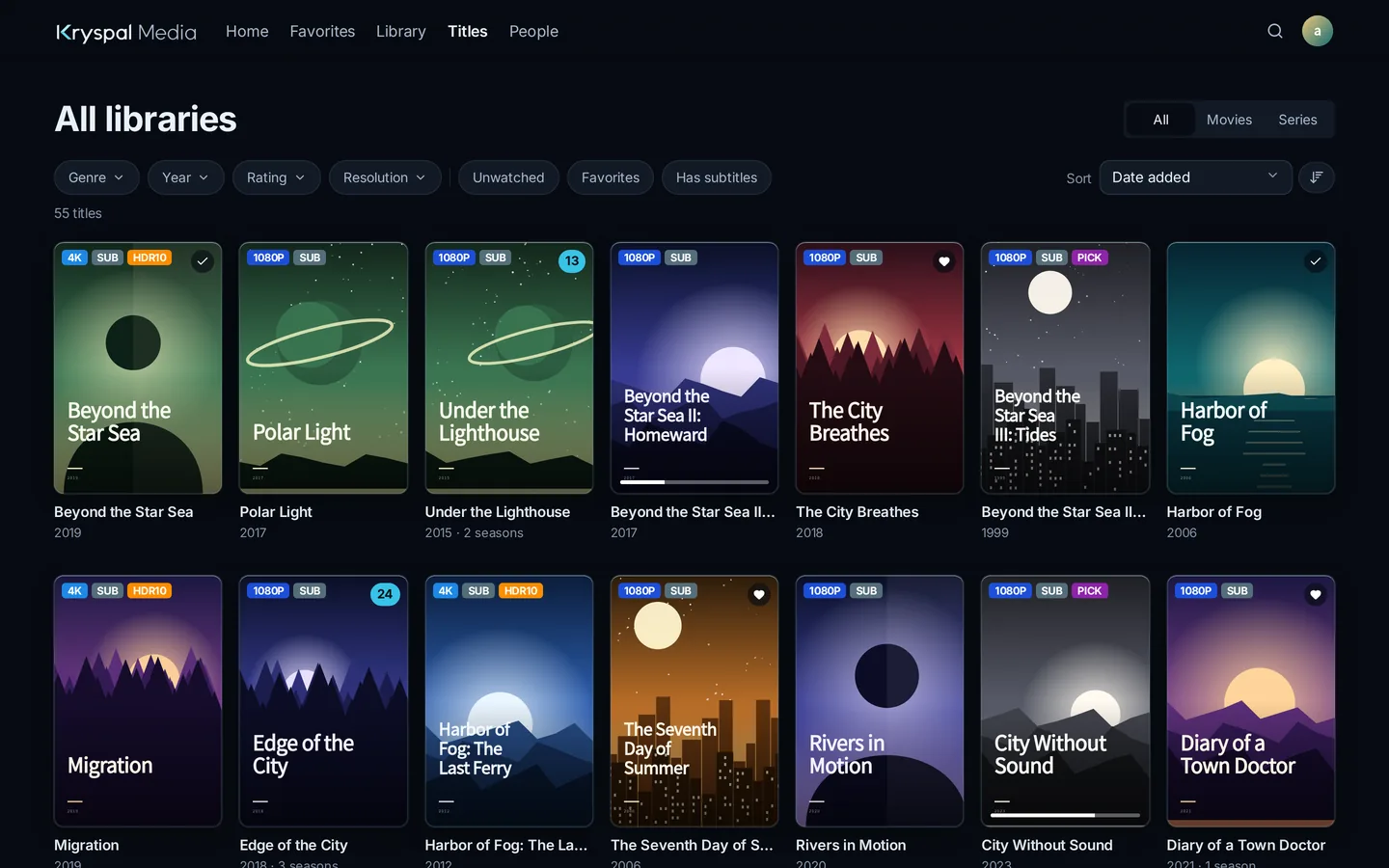 The Titles page of the web player: a wall of posters with genre, year, rating and resolution filters
