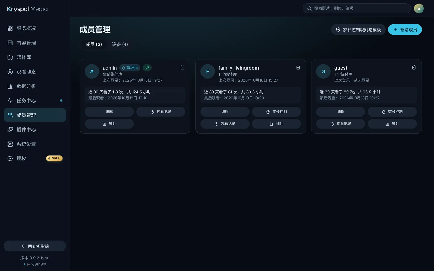 “成员管理”页,列出服务器上的成员